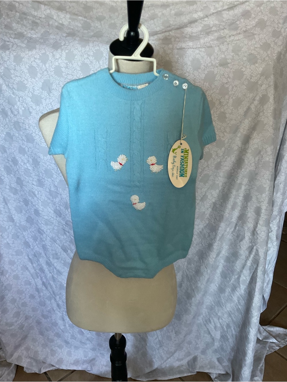Vintage Blue Knit Baby Sweater with Duck Embroidery